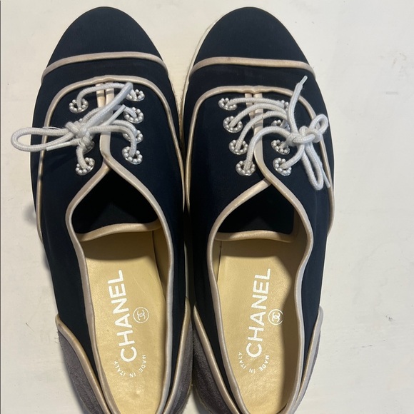 CHANEL Shoes - CHANEL Navy and White Lace-Up Sneakers